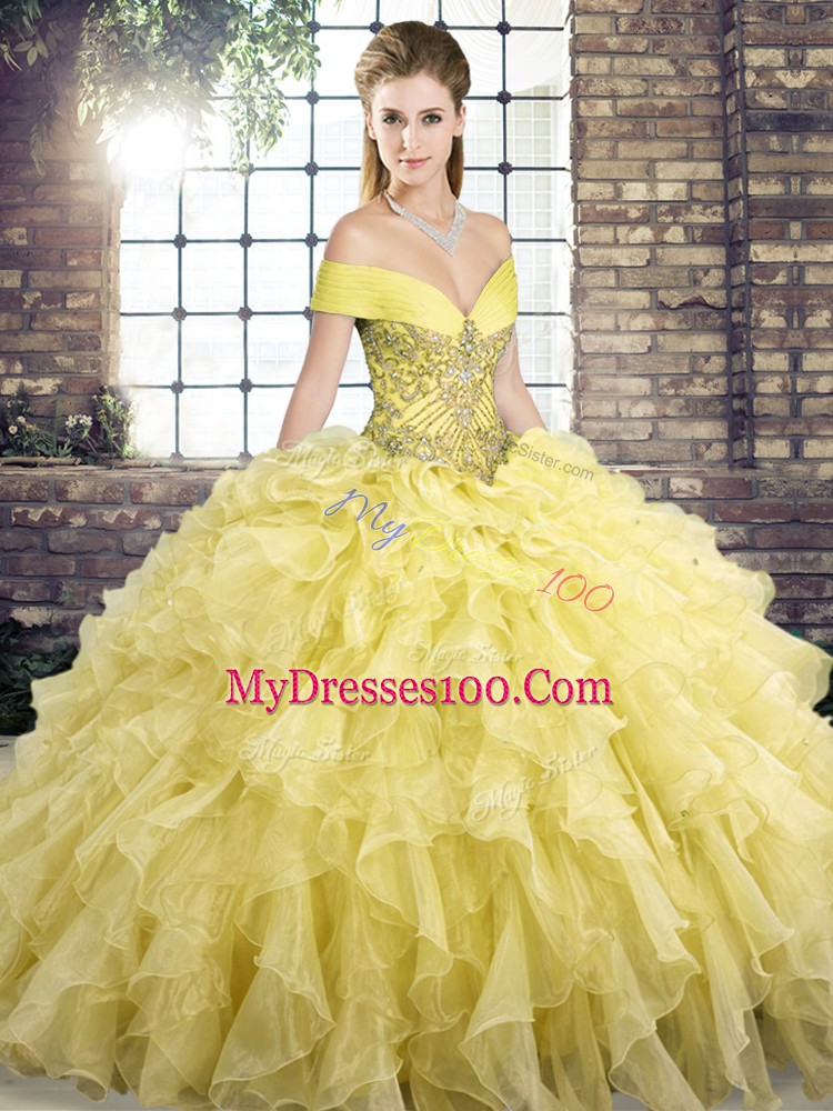 Cute Sleeveless Organza Brush Train Lace Up Quinceanera Dress in Yellow with Beading and Ruffles