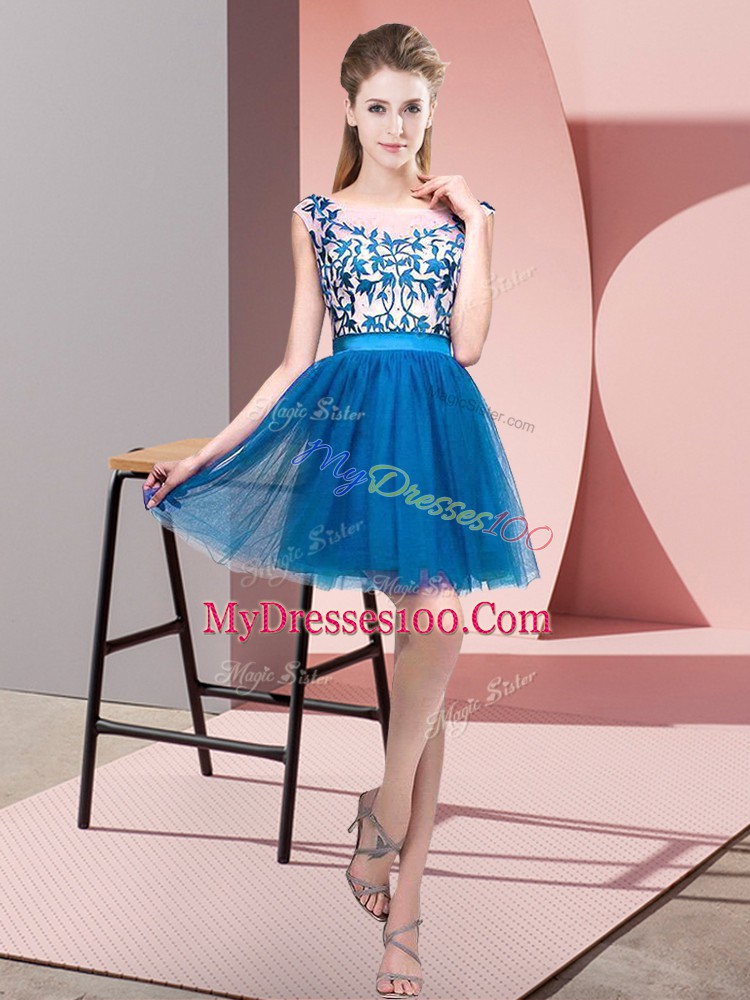 Designer Blue Bateau Neckline Lace Quinceanera Dama Dress Sleeveless Zipper