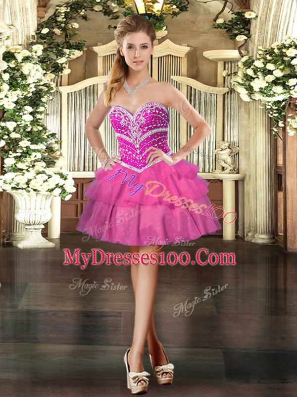 Hot Sale Hot Pink Sweetheart Lace Up Beading and Ruffled Layers Cocktail Dress Sleeveless