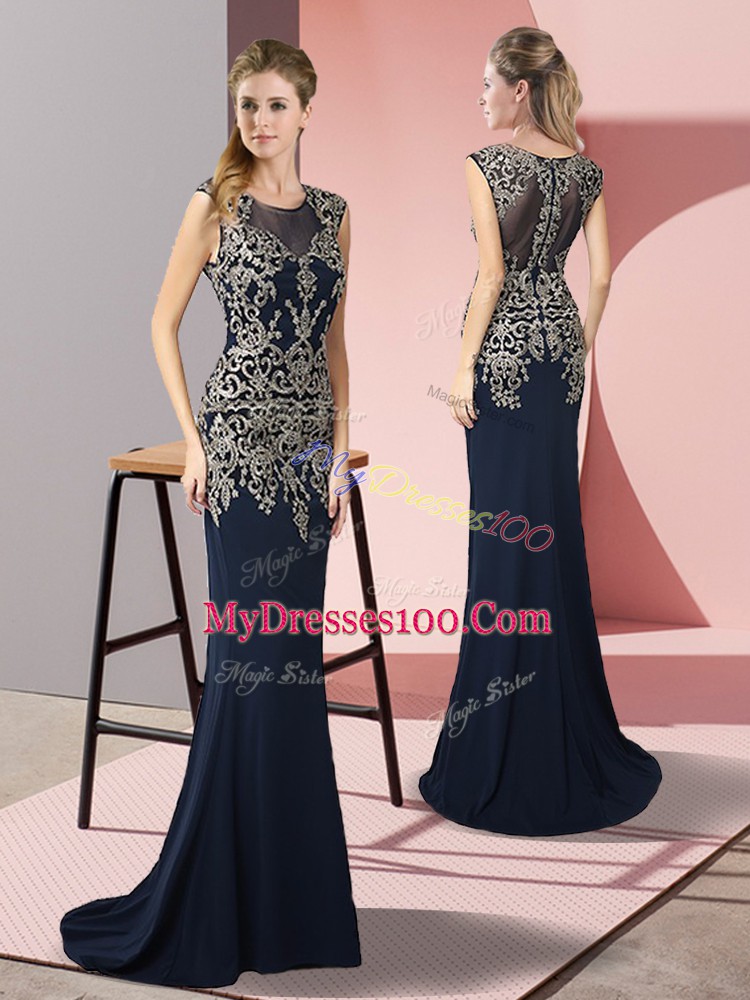 Fashion Navy Blue Scoop Zipper Appliques Prom Party Dress Sweep Train Sleeveless