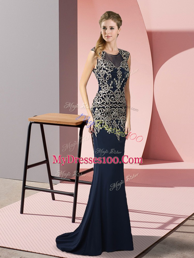 Fashion Navy Blue Scoop Zipper Appliques Prom Party Dress Sweep Train Sleeveless