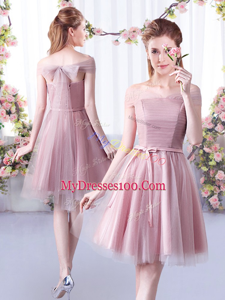 Pink Lace Up Bridesmaids Dress Belt Sleeveless Knee Length