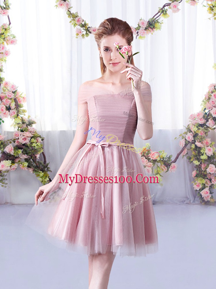 Pink Lace Up Bridesmaids Dress Belt Sleeveless Knee Length