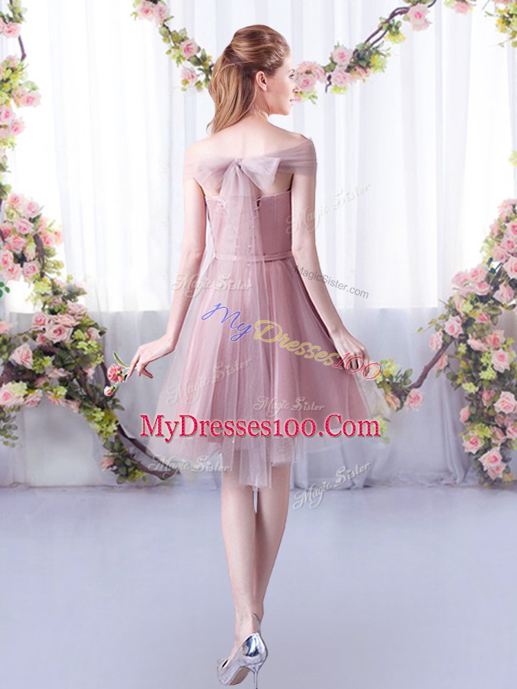 Pink Lace Up Bridesmaids Dress Belt Sleeveless Knee Length