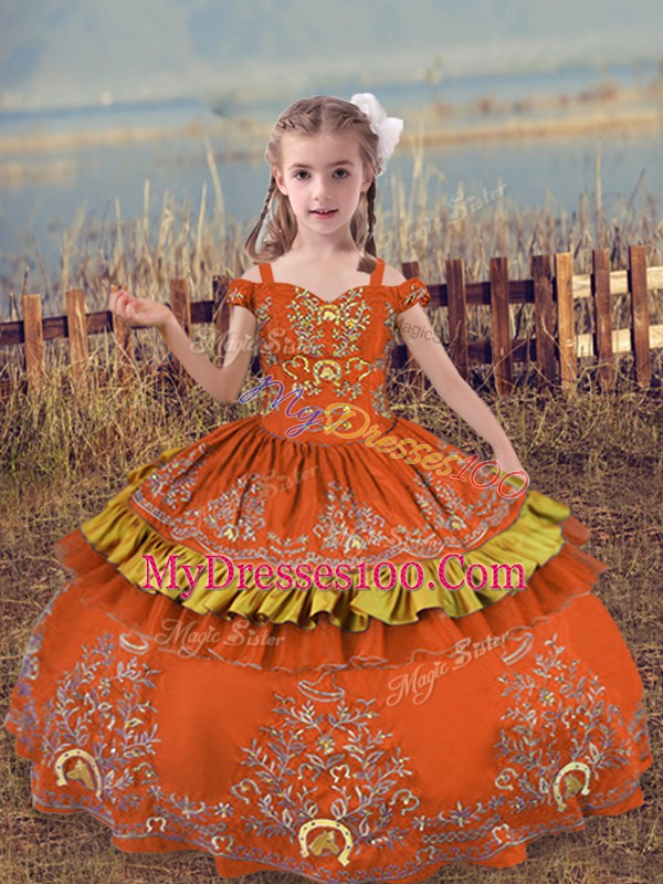 Rust Red Off The Shoulder Neckline Beading and Embroidery Pageant Gowns For Girls Sleeveless Lace Up