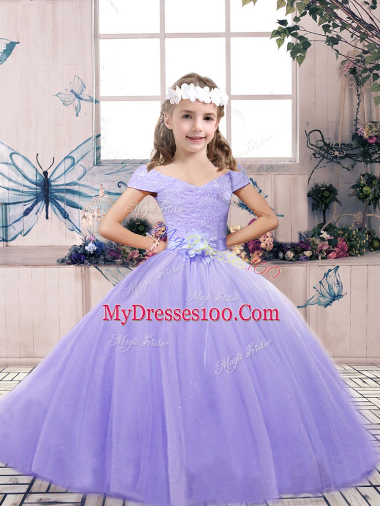 Elegant Lavender Sleeveless Lace and Belt Floor Length Kids Formal Wear