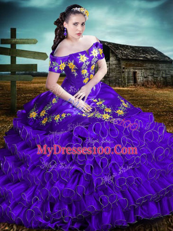 Smart Purple Organza Lace Up Off The Shoulder Sleeveless Floor Length Sweet 16 Dresses Embroidery and Ruffles