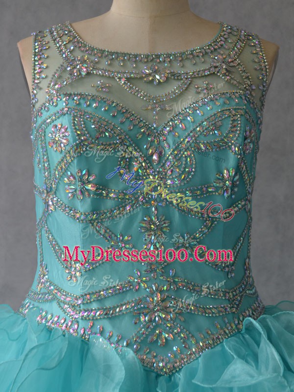 Traditional Aqua Blue Scoop Lace Up Beading and Ruffles Vestidos de Quinceanera Sleeveless