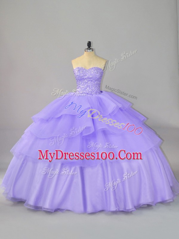 Lavender Quinceanera Gown Organza Sleeveless Beading and Ruffled Layers