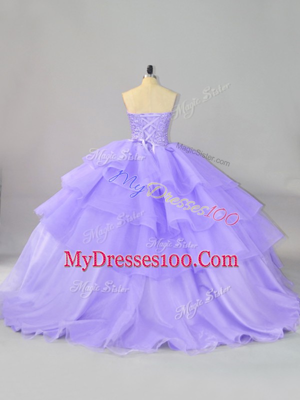 Lavender Quinceanera Gown Organza Sleeveless Beading and Ruffled Layers