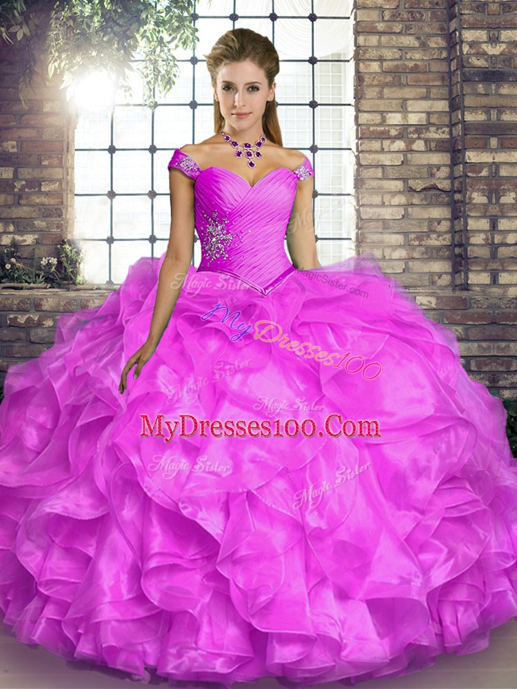 Fashionable Lilac Lace Up Off The Shoulder Beading and Ruffles Sweet 16 Dresses Organza Sleeveless