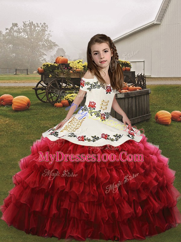 Red Organza Lace Up Evening Gowns Sleeveless Floor Length Embroidery and Ruffled Layers