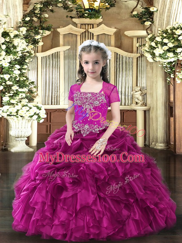 Fuchsia Straps Neckline Beading and Ruffles Kids Pageant Dress Sleeveless Lace Up