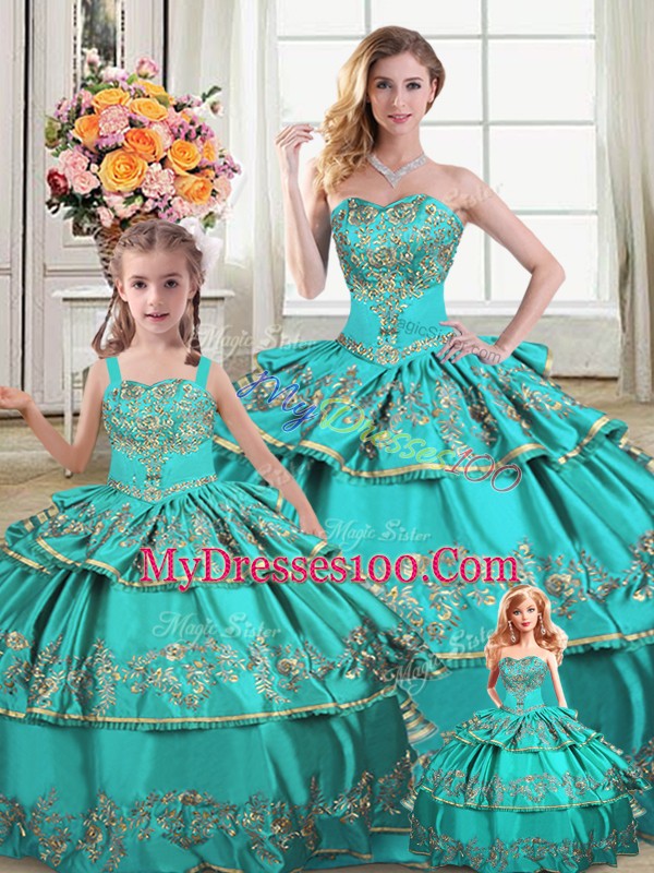 Gorgeous Aqua Blue Sweetheart Neckline Embroidery and Ruffled Layers Quinceanera Dress Sleeveless Lace Up