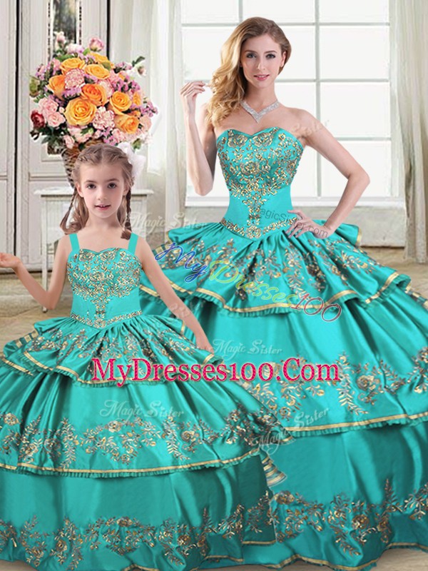 Gorgeous Aqua Blue Sweetheart Neckline Embroidery and Ruffled Layers Quinceanera Dress Sleeveless Lace Up