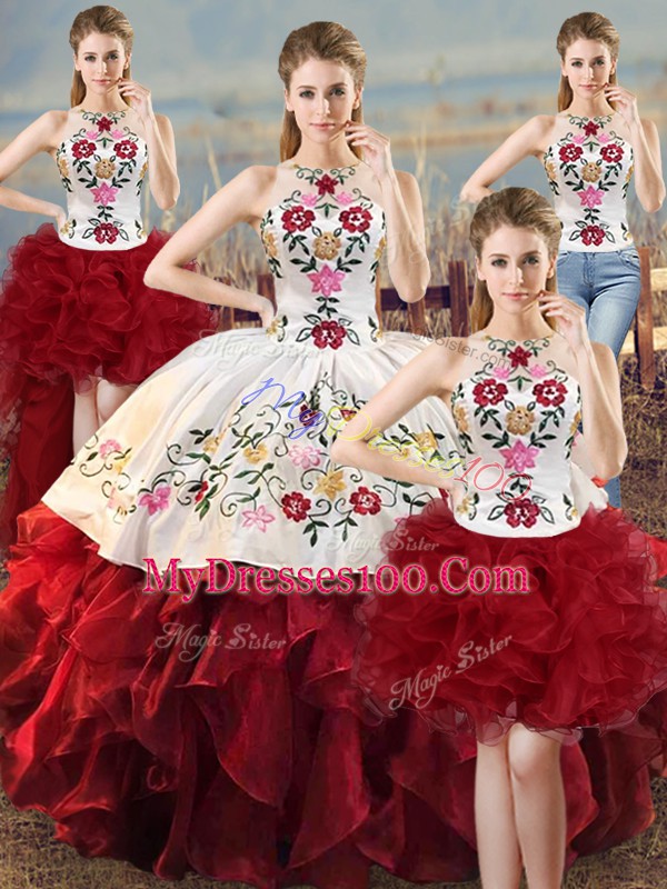 White And Red Organza Lace Up Halter Top Sleeveless Floor Length Vestidos de Quinceanera Embroidery and Ruffles