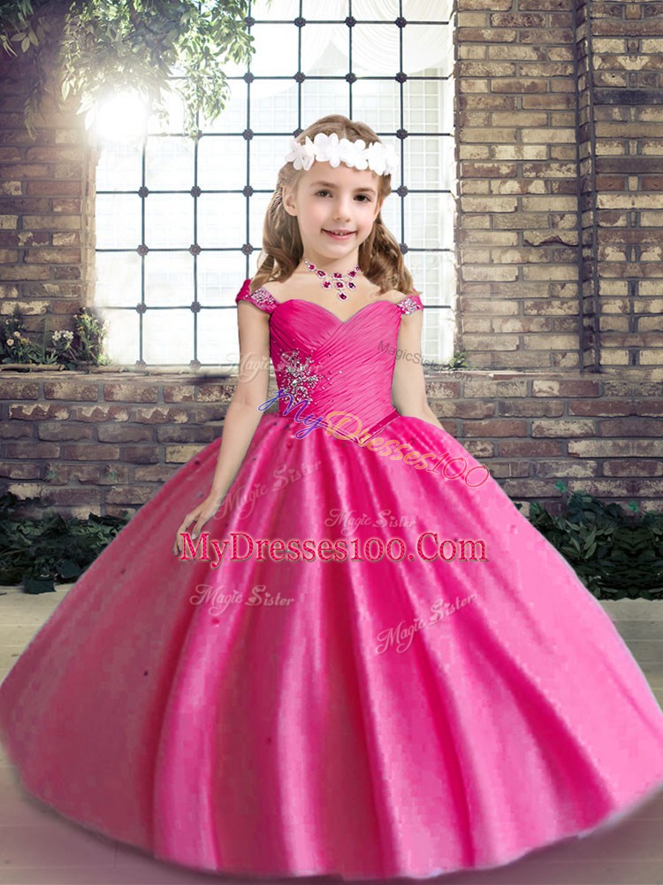 Hot Pink Little Girls Pageant Dress Party and Wedding Party with Beading Straps Sleeveless Lace Up