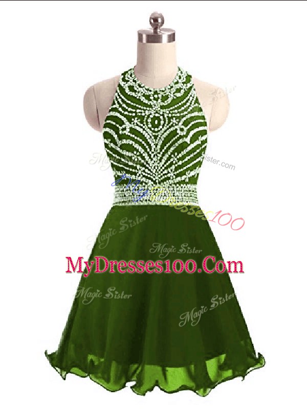 Fantastic Olive Green Evening Dress Prom and Party with Beading Halter Top Sleeveless Lace Up
