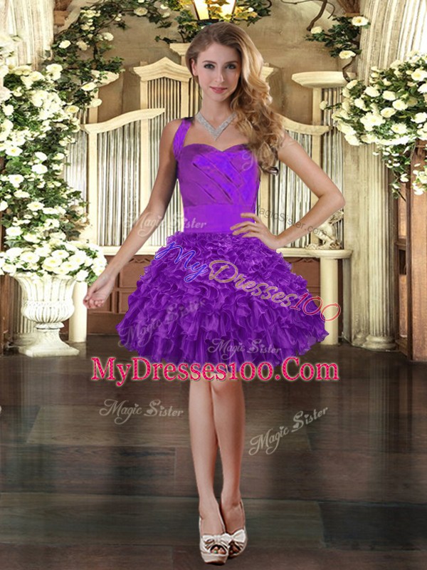 Free and Easy Purple Organza Lace Up Halter Top Sleeveless Mini Length Prom Party Dress Ruffles