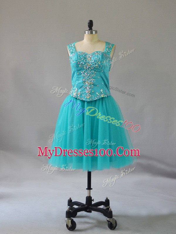 Turquoise Straps Neckline Beading Prom Party Dress Sleeveless Zipper