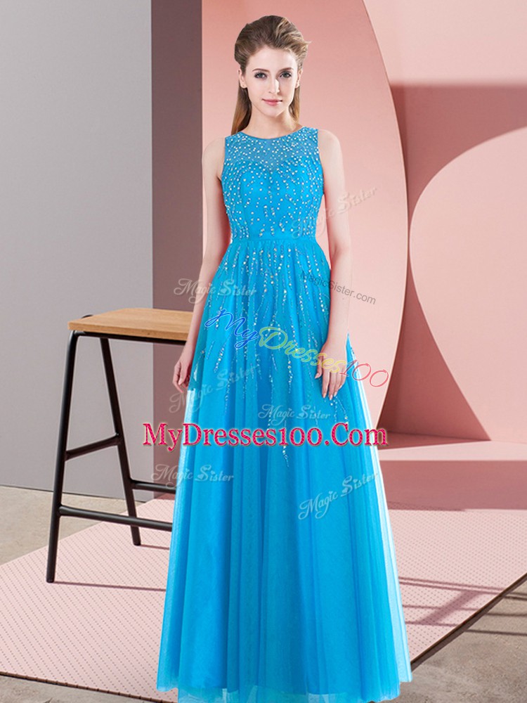 Aqua Blue Sleeveless Floor Length Beading Side Zipper Prom Dresses