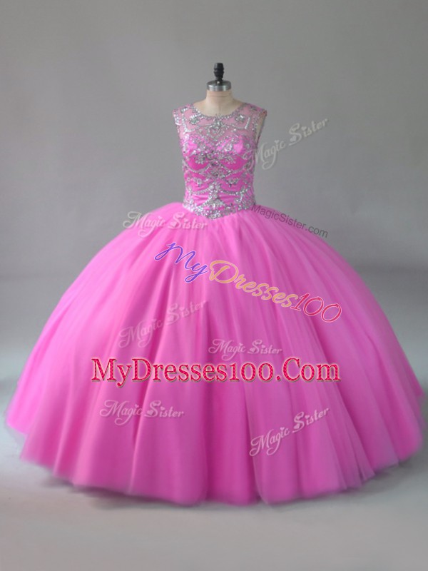 Rose Pink Sleeveless Floor Length Beading Lace Up Quinceanera Gowns