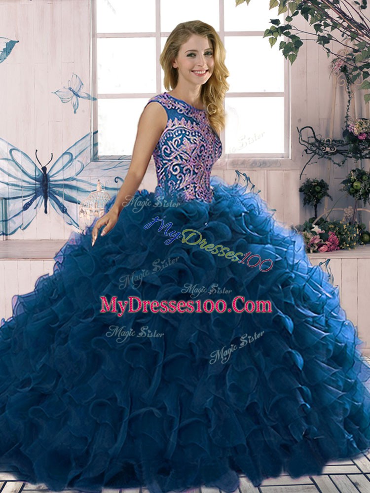 Cheap Royal Blue Ball Gowns Beading and Ruffles Quinceanera Dress Lace Up Organza Sleeveless Floor Length