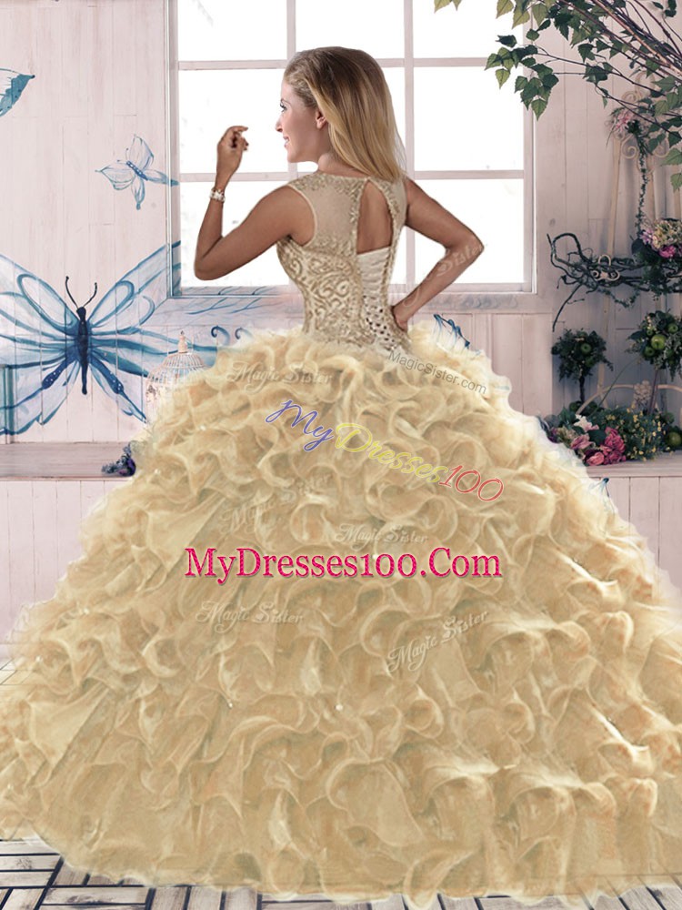 Cheap Royal Blue Ball Gowns Beading and Ruffles Quinceanera Dress Lace Up Organza Sleeveless Floor Length