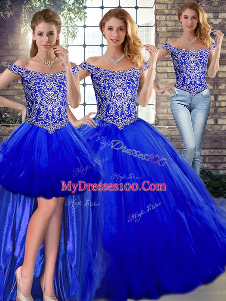 Custom Designed Royal Blue Three Pieces Off The Shoulder Sleeveless Tulle Floor Length Lace Up Beading and Ruffles Quinceanera Dress