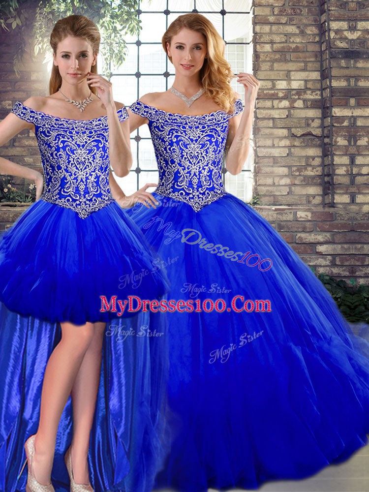 Custom Designed Royal Blue Three Pieces Off The Shoulder Sleeveless Tulle Floor Length Lace Up Beading and Ruffles Quinceanera Dress