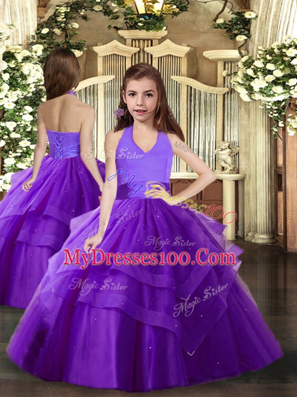 Fantastic Floor Length Purple Pageant Dress for Teens Halter Top Sleeveless Lace Up