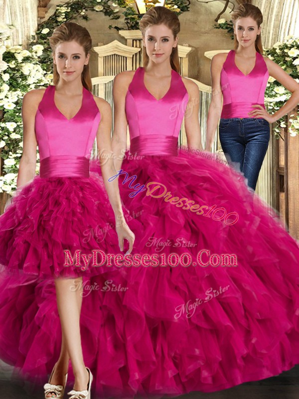Fuchsia Three Pieces Halter Top Sleeveless Tulle Floor Length Lace Up Ruffles Quinceanera Gowns