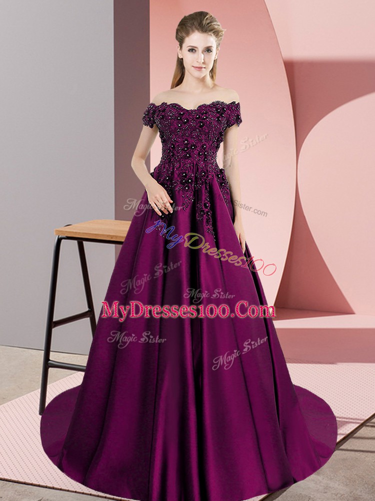 Discount Purple Sleeveless Satin Court Train Zipper Ball Gown Prom Dress for Party and Sweet 16 and Wedding Party