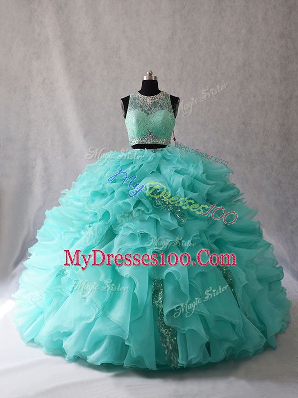 Aqua Blue Sleeveless Organza Brush Train Zipper Quinceanera Dress for Sweet 16 and Quinceanera