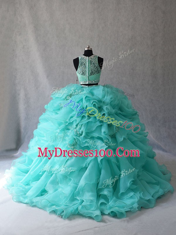 Aqua Blue Sleeveless Organza Brush Train Zipper Quinceanera Dress for Sweet 16 and Quinceanera