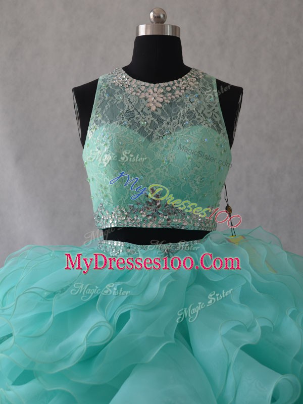 Aqua Blue Sleeveless Organza Brush Train Zipper Quinceanera Dress for Sweet 16 and Quinceanera