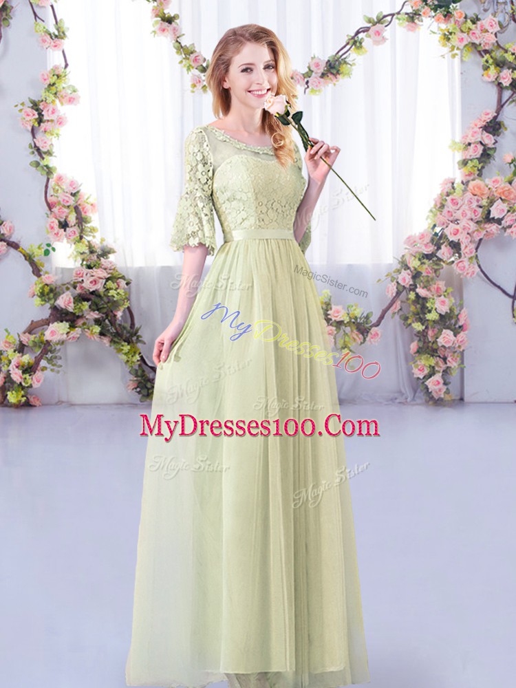 Half Sleeves Floor Length Lace and Belt Side Zipper Quinceanera Court Dresses with Yellow Green