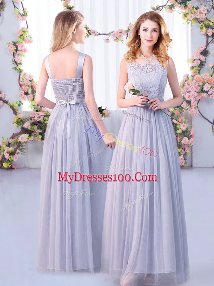 Tulle Scoop Sleeveless Side Zipper Lace and Belt Bridesmaid Dresses in Grey