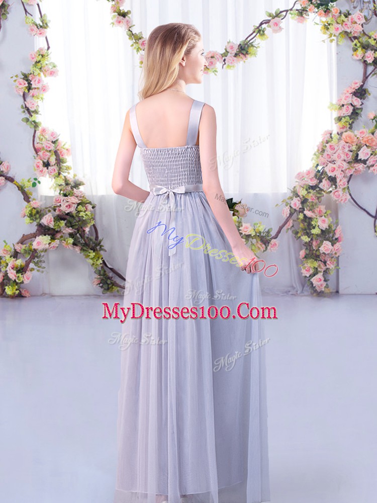 Tulle Scoop Sleeveless Side Zipper Lace and Belt Bridesmaid Dresses in Grey