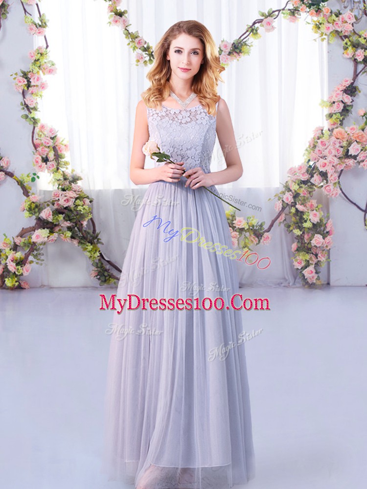 Tulle Scoop Sleeveless Side Zipper Lace and Belt Bridesmaid Dresses in Grey