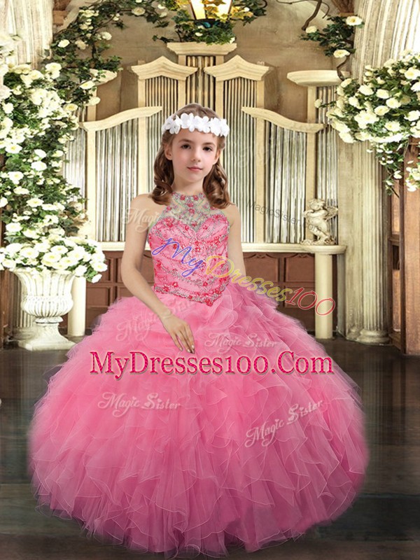 Perfect Beading Kids Formal Wear Pink Lace Up Sleeveless Floor Length