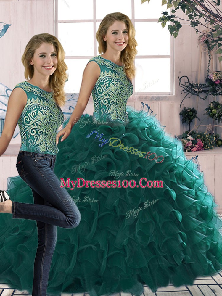 Peacock Green Organza Lace Up Scoop Sleeveless Floor Length Quinceanera Dress Beading and Ruffles