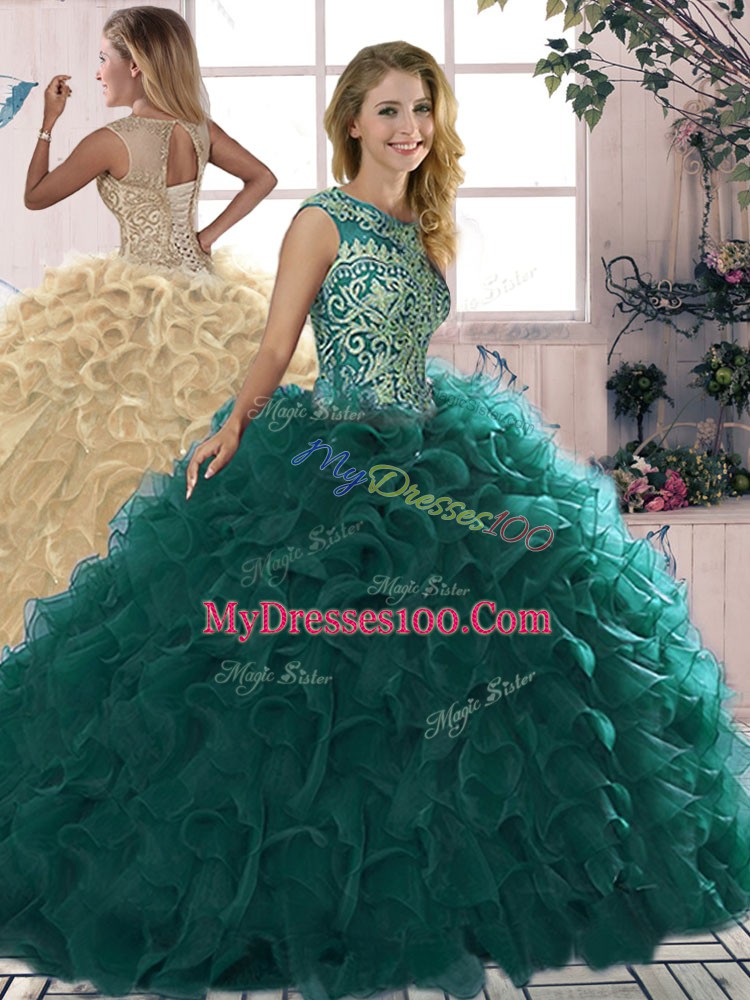 Peacock Green Organza Lace Up Scoop Sleeveless Floor Length Quinceanera Dress Beading and Ruffles