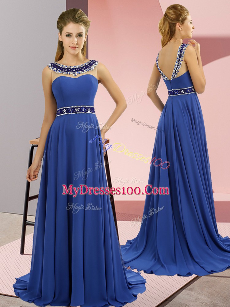 Fancy Zipper Prom Dresses Royal Blue for Prom and Party with Beading Brush Train