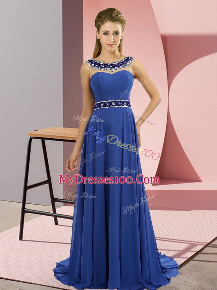 Fancy Zipper Prom Dresses Royal Blue for Prom and Party with Beading Brush Train