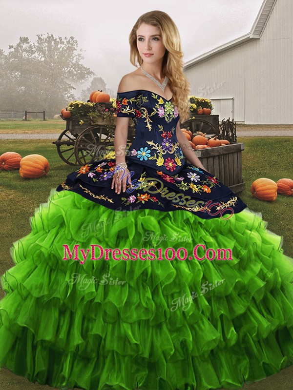 Flirting Green Organza Lace Up Ball Gown Prom Dress Sleeveless Floor Length Embroidery and Ruffled Layers