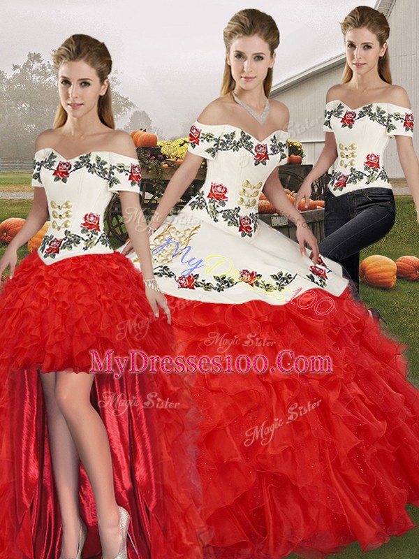 Suitable White And Red Lace Up Ball Gown Prom Dress Embroidery and Ruffles Sleeveless Floor Length