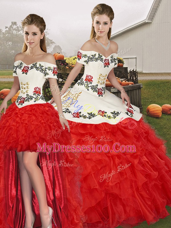 Suitable White And Red Lace Up Ball Gown Prom Dress Embroidery and Ruffles Sleeveless Floor Length