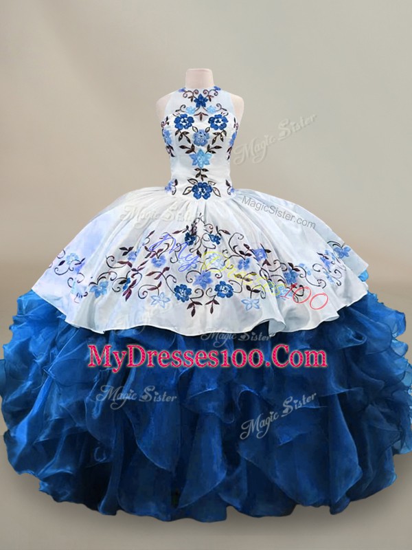 Nice Halter Top Sleeveless 15th Birthday Dress Floor Length Embroidery and Ruffles Blue And White Organza