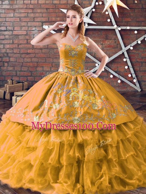 Wonderful Gold Organza Lace Up Sweetheart Sleeveless Floor Length Quinceanera Dresses Embroidery and Ruffled Layers